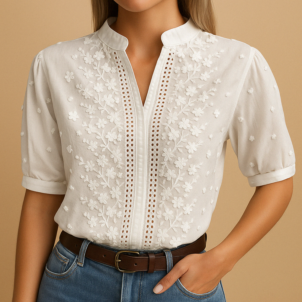 Leanaa – Trendige Bluse Mit Blumen Stickerei
