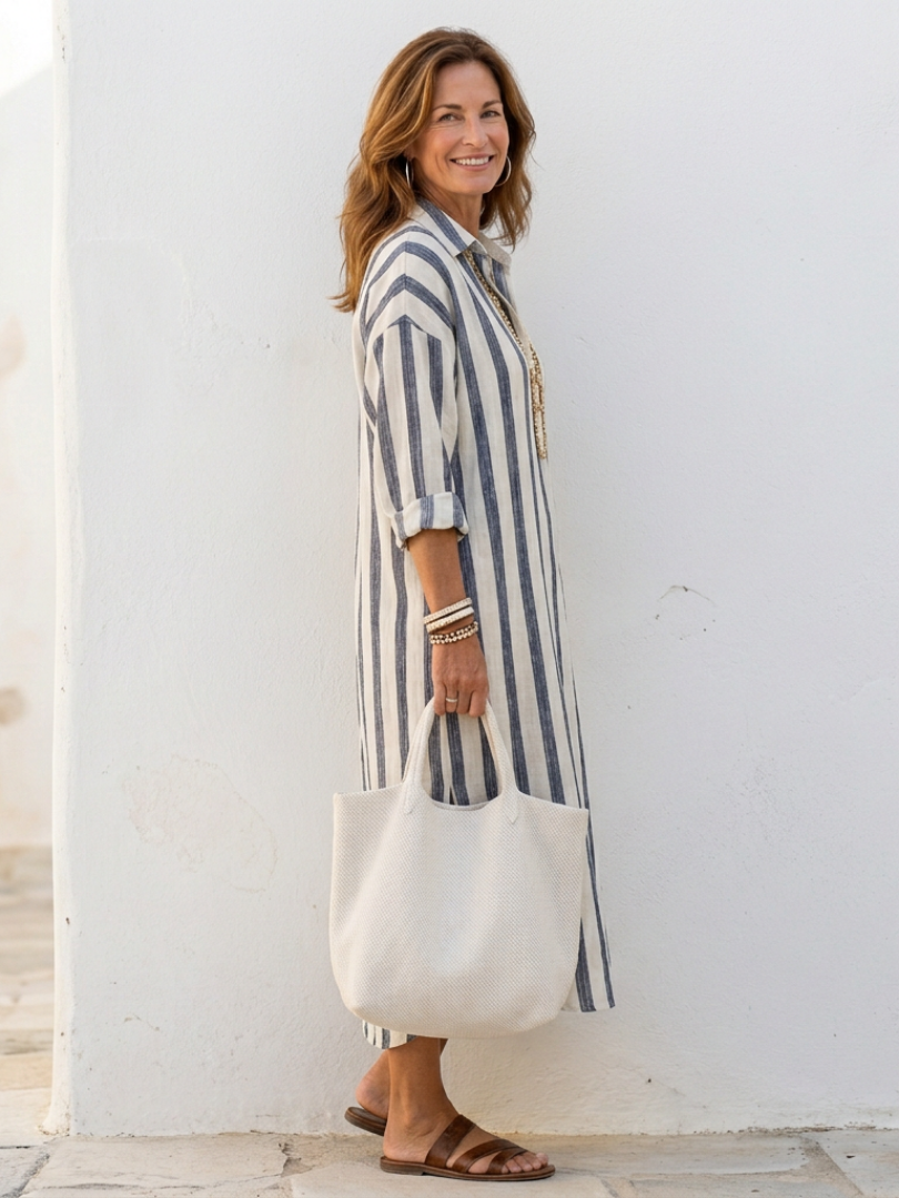 Naomi | Damen Langärmliges Gestreiftes Maxikleid – Streifen Langarm Maxi