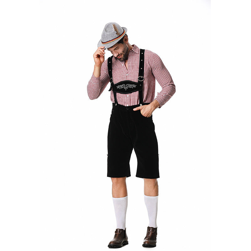 Herren nan kurze Trachtenlederhose in Veloursleder-Optik mit besticktem Brustlatz und verstellbaren Trägern Drune