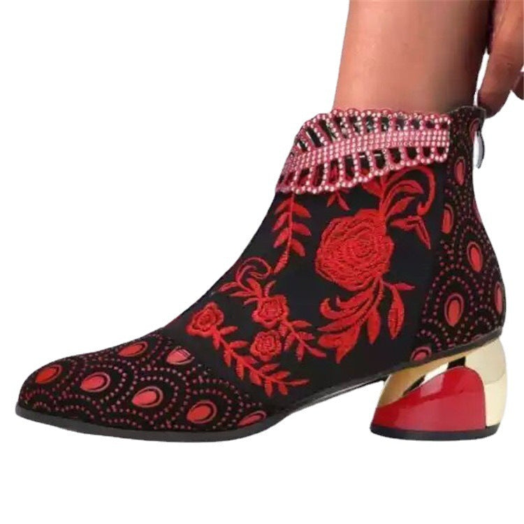 Damen nan bestickte Ankle-Boots mit Samteinsatz Perlenbesatz und skulptiertem Blockabsatz Drune