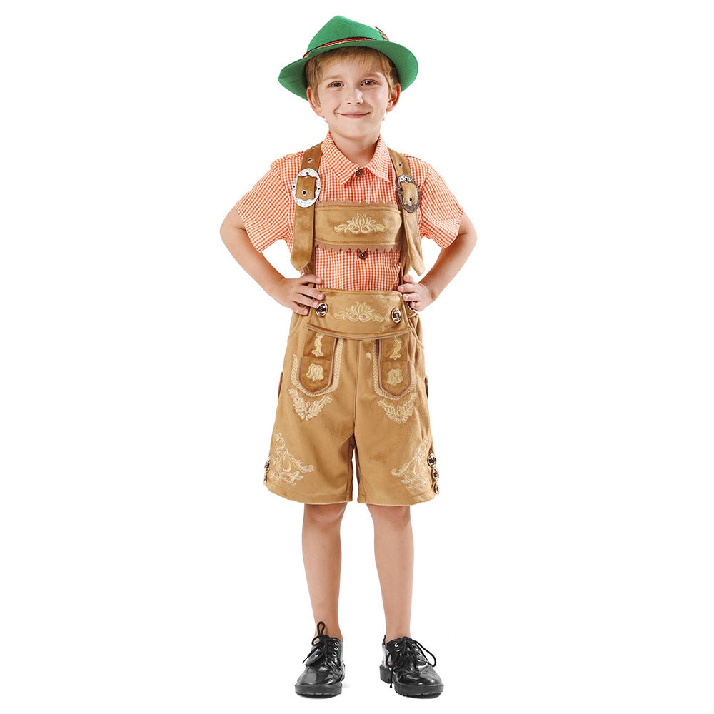 Herren nan traditionelle Kinderlederhose kurz mit aufwendiger Stickerei, Latztasche und verstellbaren Trägern Drune