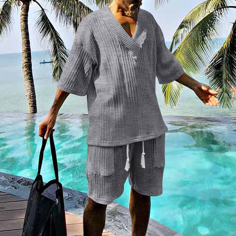 Herren nan lässiges Strick-Set mit V-Ausschnitt, Kurzarm-Oversize und Kordelshorts Drune