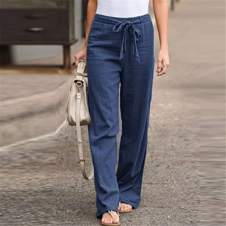 Damen nan lässige Leinenmix Weitebein Hose mit Kordelzug Drune