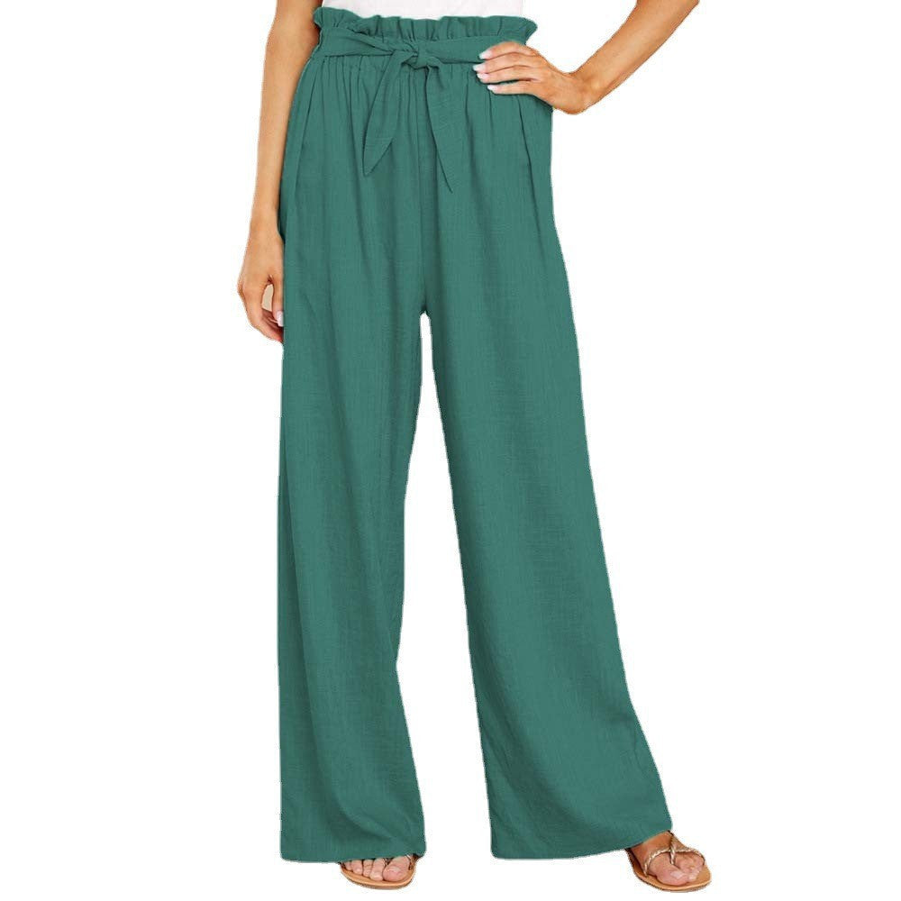 Damen nan Leinenhose mit Paperbag-Bund und weitem Bein Drune