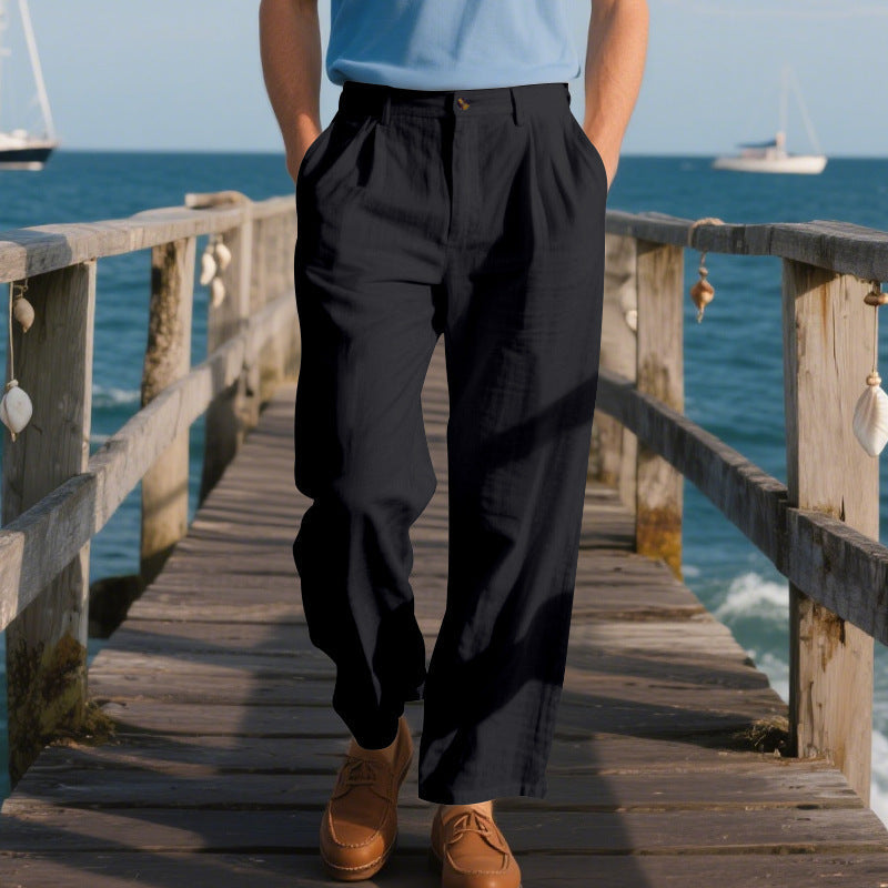 Herren nan elegante Leinenhose mit weitem Bein und Bundfalten Drune