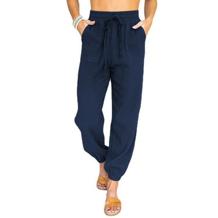 Damen nan leichte Leinenoptik Freizeit-Hose mit hohem elastischem Bund, Kordelzug, aufgesetzten Taschen und elastischen Knöchelbündchen Drune