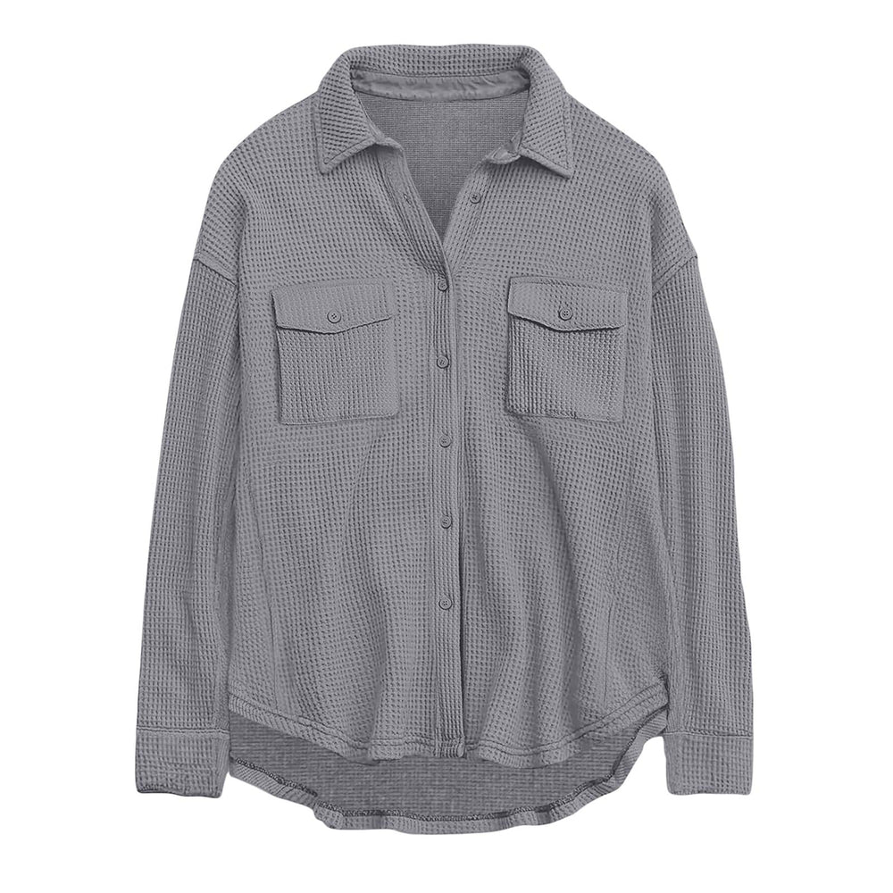Damen nan oversized Waffelstrick Hemdjacke mit Brusttaschen und Knopfleiste Drune