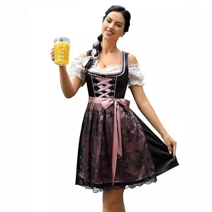 Damen nan traditionelles Dirndlkleid mit Schnürung, floraler Baumwollqualität und Schleifen-Schürze Drune