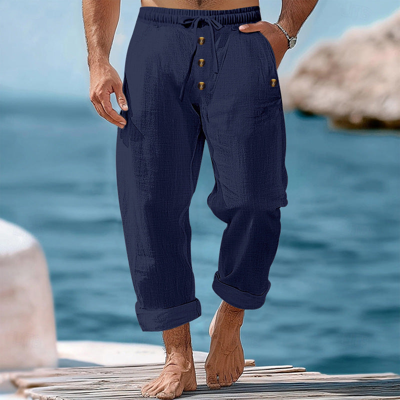 Herren nan lässige atmungsaktive Leinenhose mit Kordelzug Knopfleiste und aufgerollten Bündchen Drune