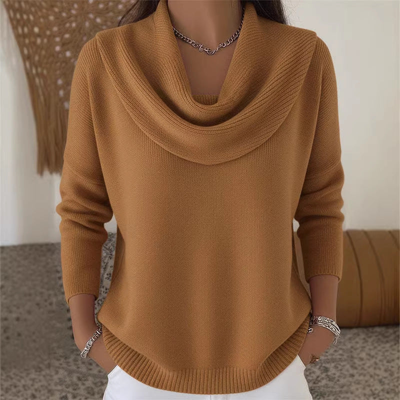 Damen nan fein gestrickter Pullover mit Wasserfallkragen und geripptem Saum Drune