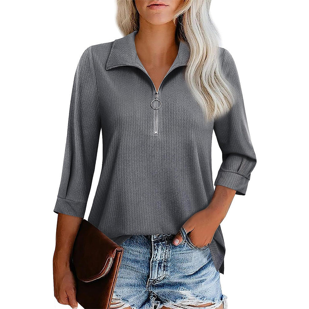 Damen nan lässige Bluse mit Reißverschlusskragen dreiviertelärmel und ausgestelltem Saum Drune
