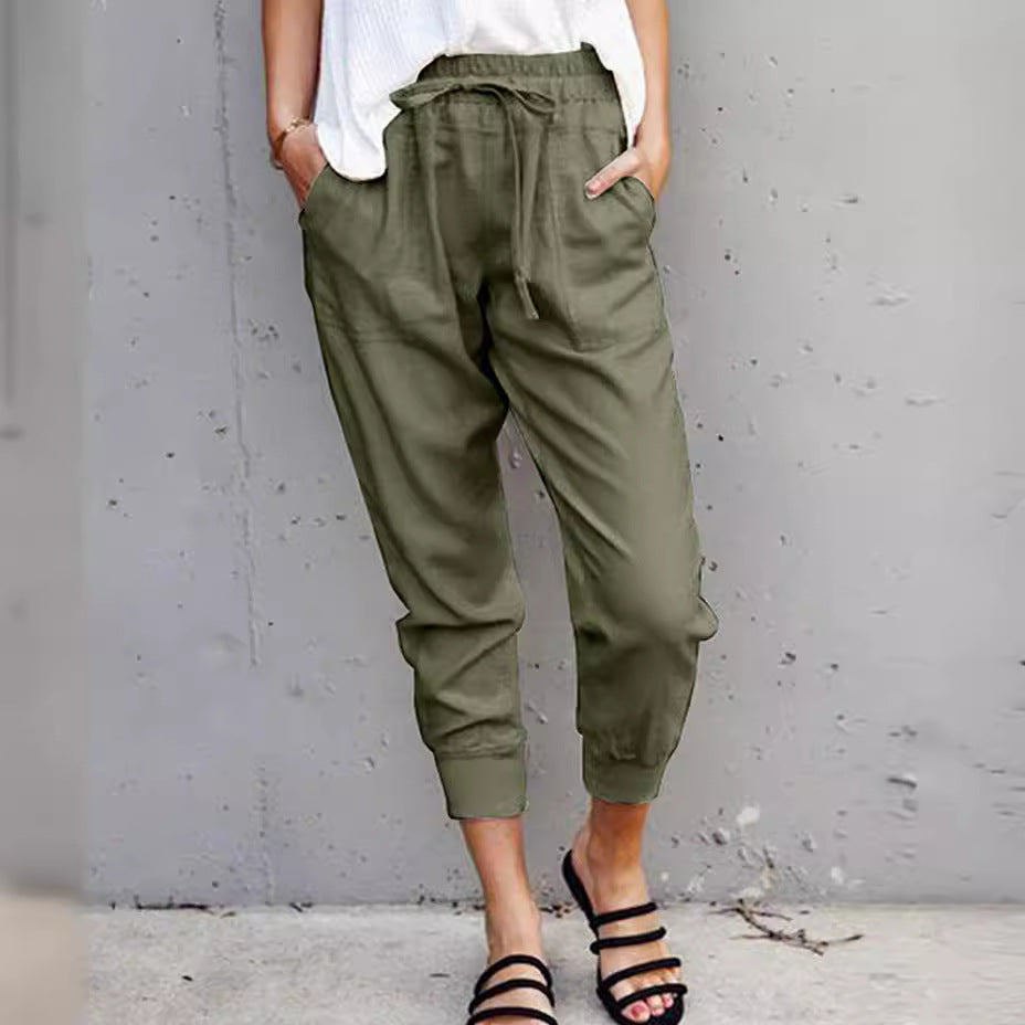 Damen nan lässige tapered Leinenhose mit elastischem Bund und Bündchen Drune