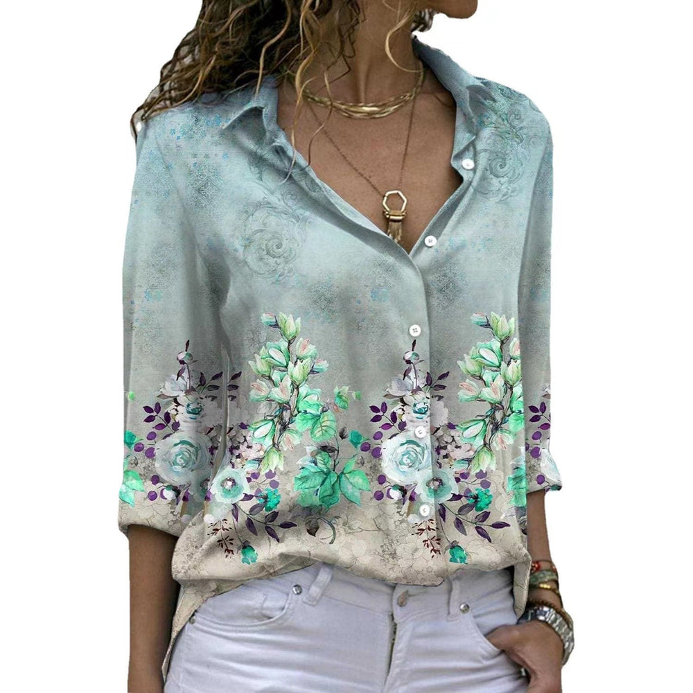 Damen nan florale V-Ausschnitt Knopfbluse mit lockerer Passform und Umschlagärmeln Drune