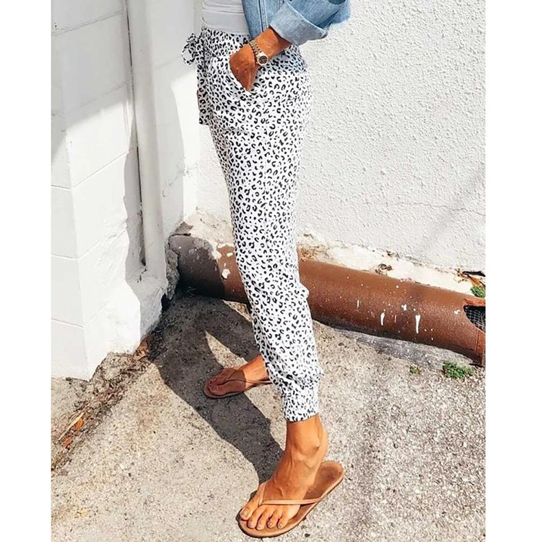 Damen nan lässige Leoparden-Print Jogginghose mit Tunnelzug, Eingrifftaschen und elastischen Bündchen Drune
