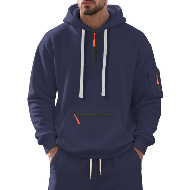 Herren nan technischer Freizeit-Hoodie mit kurzem mittigem Reißverschluss, Reißverschluss-Kängurutasche und Ärmeltasche Drune