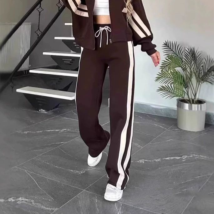 Damen nan athletisches Zweiteiler-Set aus French Terry mit Reißverschluss Cropped Jacke und weitem Highwaist Jogger Drune
