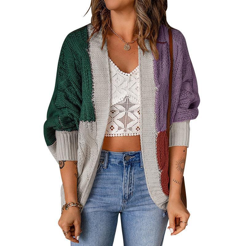 Damen nan lässige Strickjacke im Patchwork-Stil mit offener Front und 3/4-Ärmeln Drune