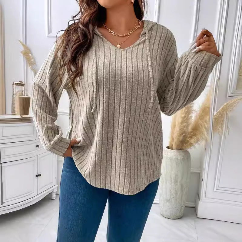 Damen nan gerippter Kapuzenpullover aus Feinstrick mit V-Ausschnitt Drune