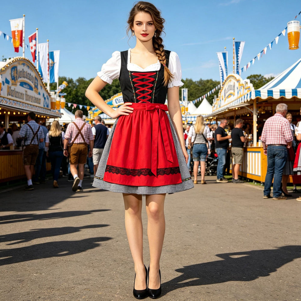 Damen nan kurzes traditionelles Dirndlkleid mit geschnürtem Mieder, Puffärmel-Bluse und aufgesetzter Schürze Drune