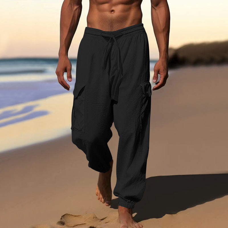 Herren nan luftige Leinen-Mix Strandhose mit Cargo-Taschen und elastischem Saum Drune