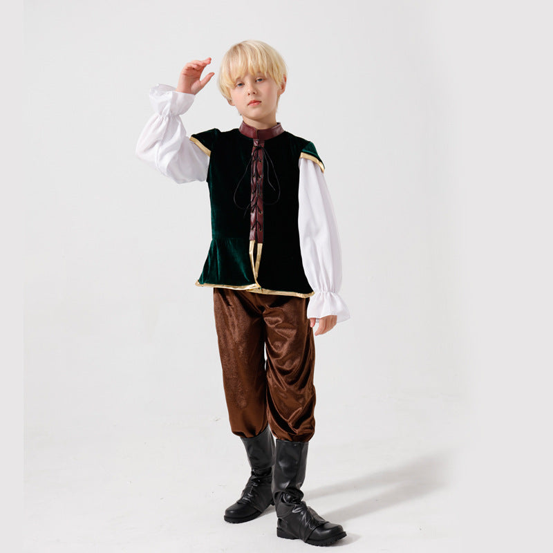 Unisex nan mittelalterliches Kinderkostüm Set mit Samtweste, geraffter Pluderhose und Renaissance-Details Drune