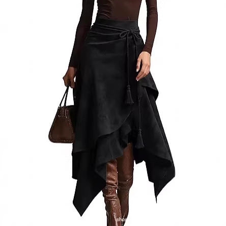 Damen asymmetrischer Wickelrock mit dekorativen Quasten Drune