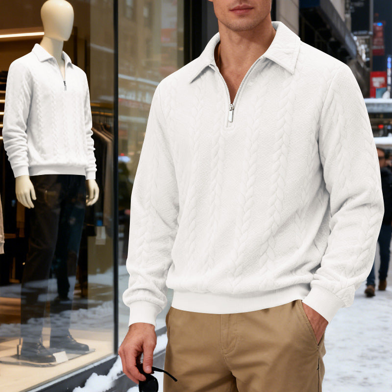 Herren nan strukturierter Strickpullover mit halbem Reißverschluss, Polokragen und Zopfmuster Drune