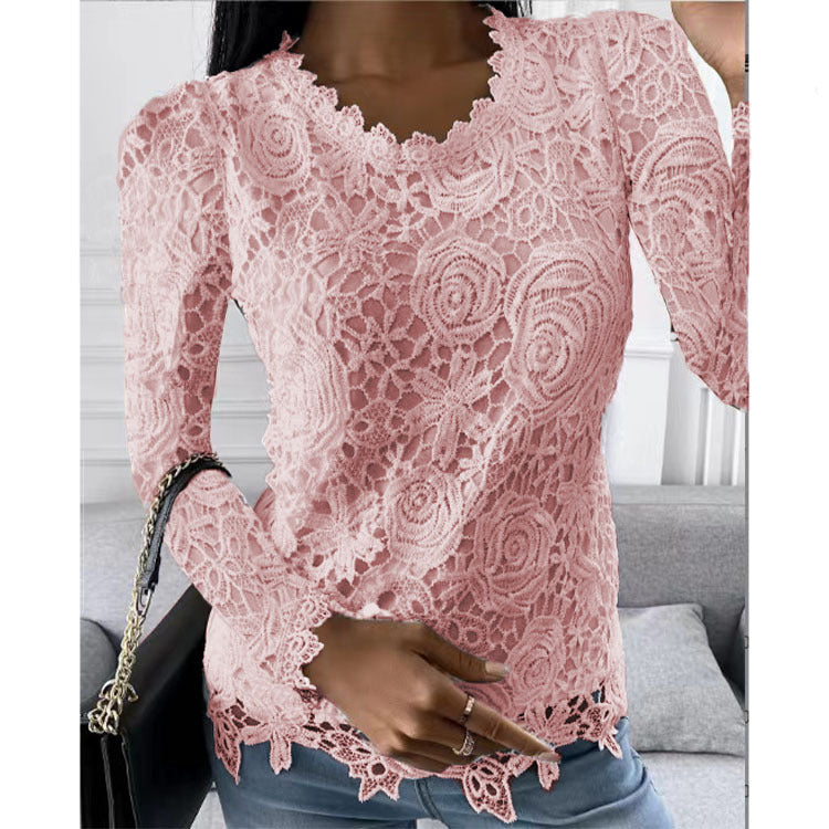Damen nan figurbetonte Spitzenbluse mit floraler Allover-Spitze, Langarm und gezacktem Saum Drune