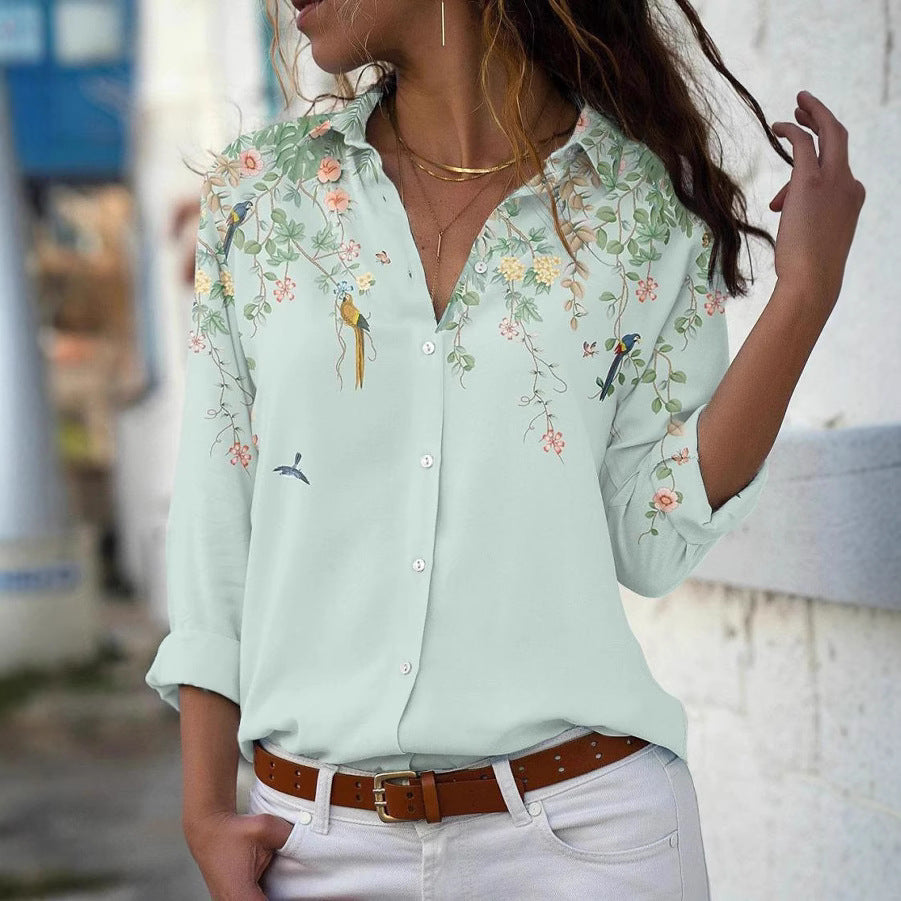 Damen nan leichte Chiffonbluse mit floralem Vogelprint, Knopfleiste und lässigem Schnitt Drune