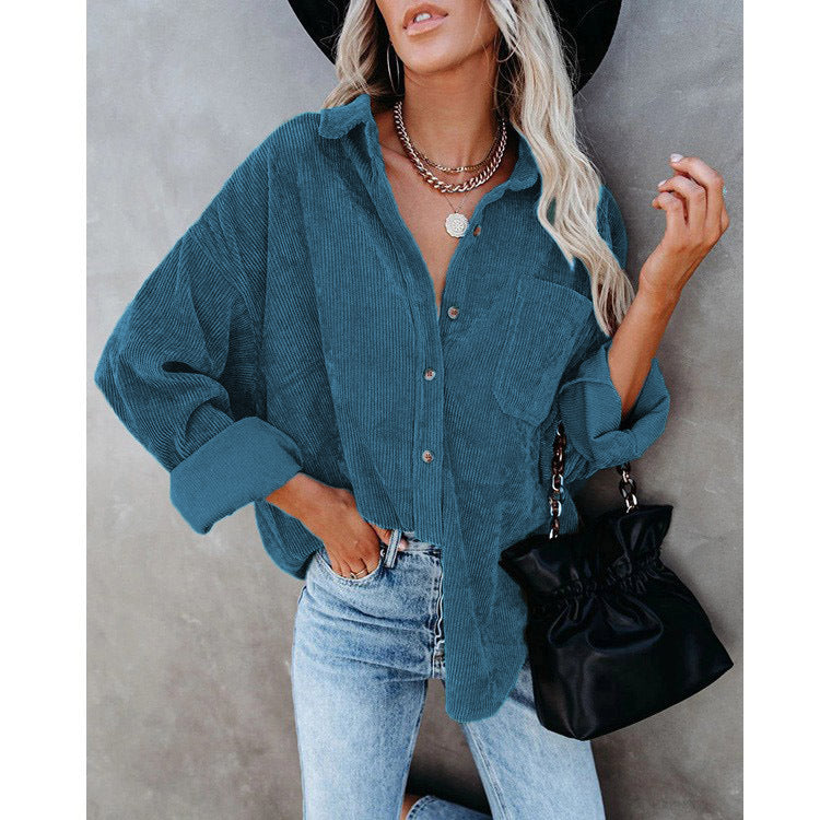 Damen nan oversized Cordhemd mit Brusttasche, Hemdkragen und aufgerollten Ärmeln Drune