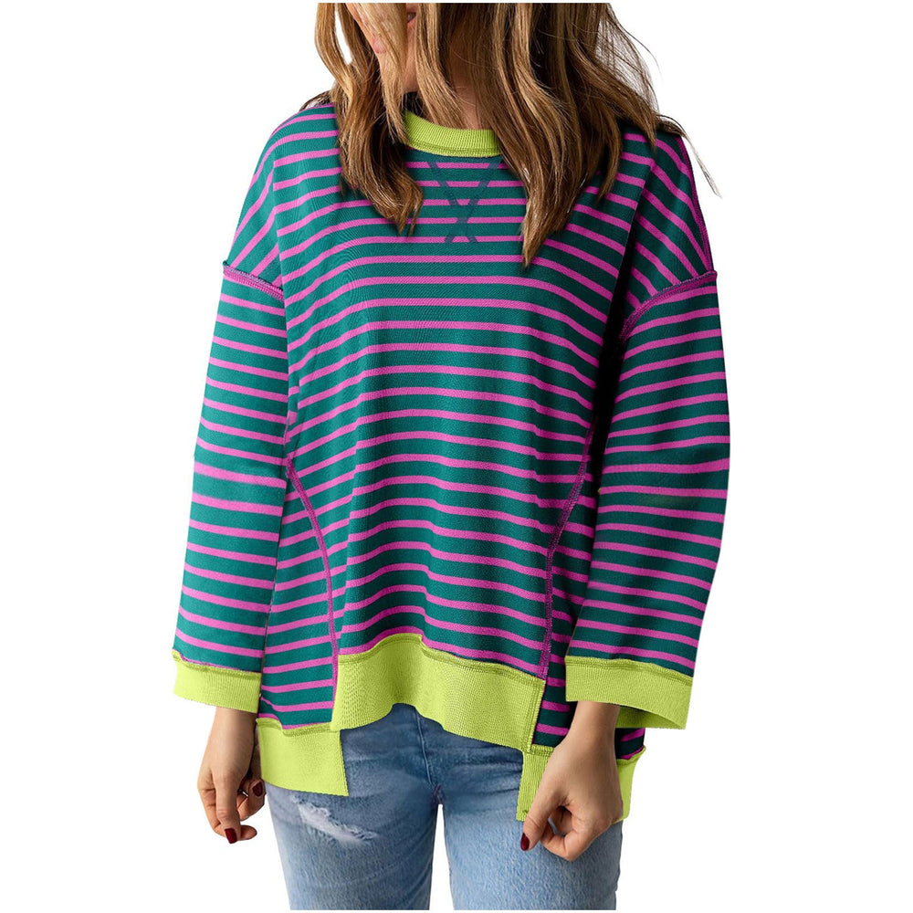 Damen nan oversized gestreifter Sweatshirtpullover mit kontrastsaum, überschnittener Schulter und seitlichen Schlitzen Drune