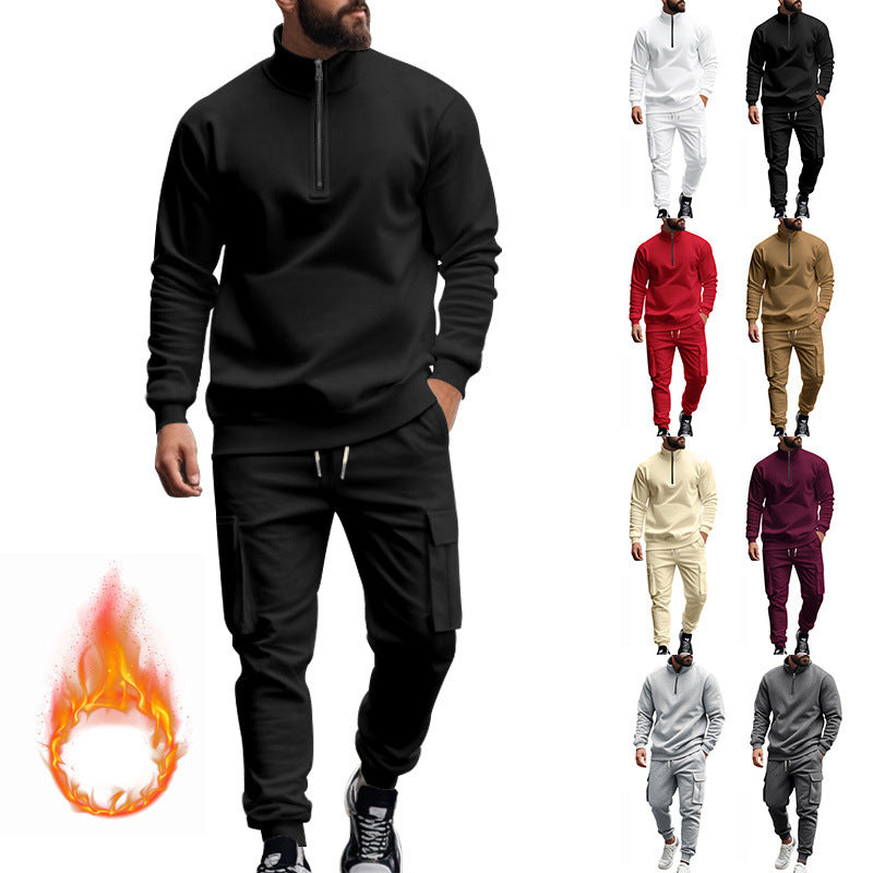 Herren nan Strick-Trainingsset mit halbem Reißverschluss, Zopfmuster-Pulli und Kordelzug-Jogger Drune