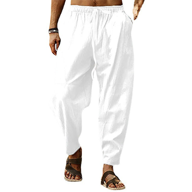 Herren nan entspannte Harem-Loungehose aus Leinenmix mit weitem Bein, elastischem Bund, Kordelzug und seitlichen Eingrifftaschen Drune