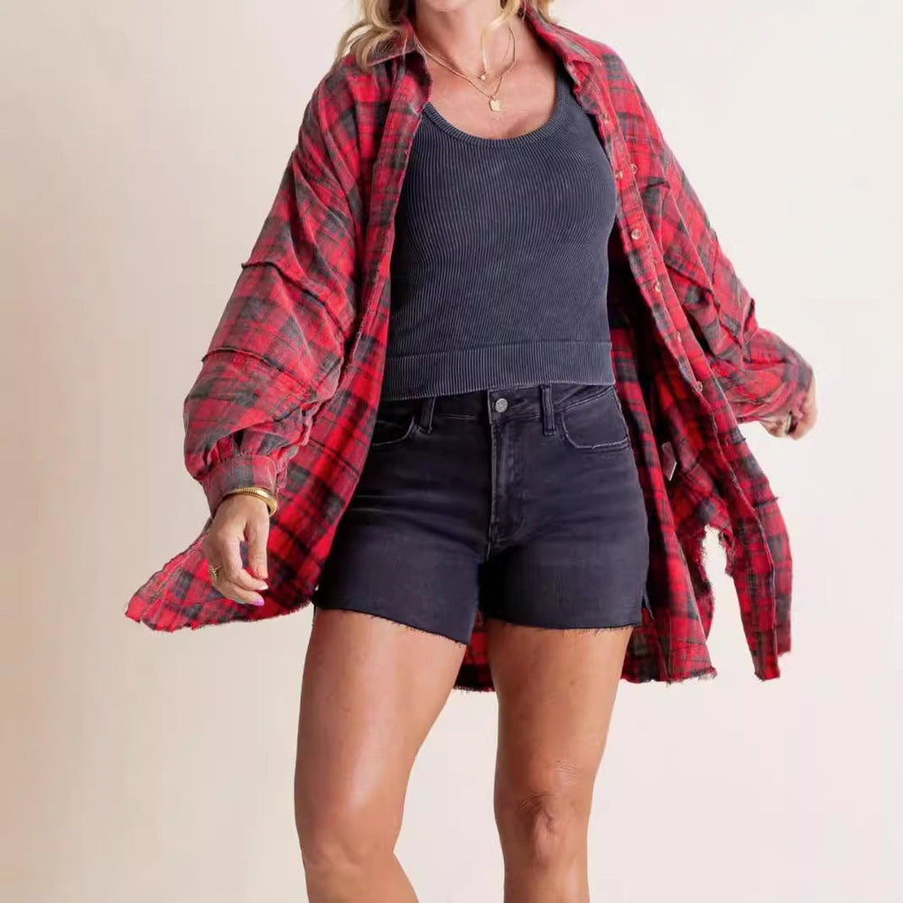 Damen nan oversized Karo-Überhemd mit Fransenbesatz, Brusttaschen und lockerer Passform Drune