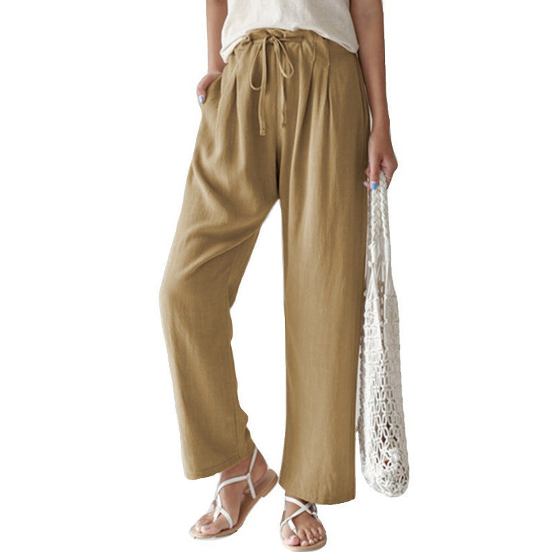 Damen nan lässige Leinenhose mit weitem Bein, elastischem Bund und Seitentaschen Drune