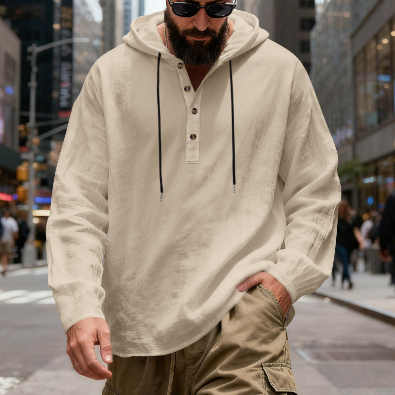 Herren nan Henley-Kapuzenpullover mit Knopfleiste und verstellbarem Kordelzug Drune