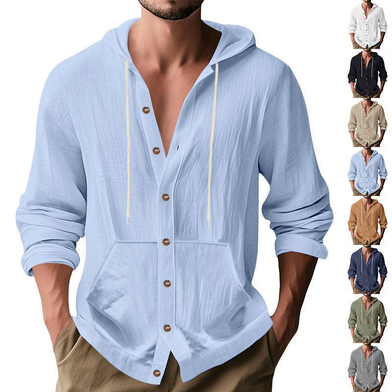 Herren nan figurbetonte Kapuzenhemd-Jacke aus Baumwollmix mit Druckknopfleiste und Kängurutasche Drune