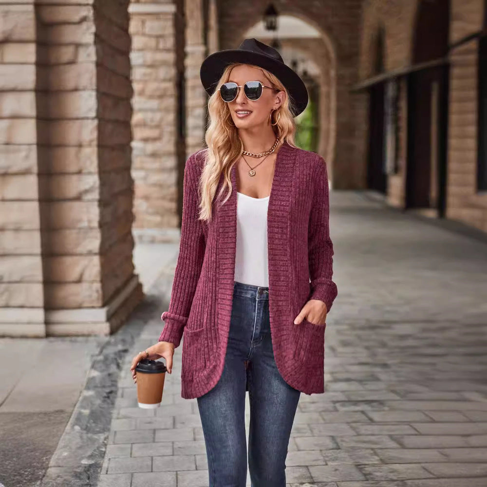 Damen nan langer gerippter Cardigan mit aufgesetzten Taschen und offener Front Drune