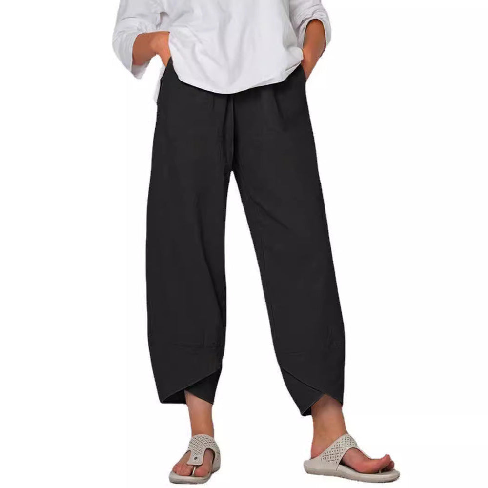 Damen nan lockere Leinenhose mit hohem Bund, Tulpen-Saum und seitlichen Eingrifftaschen Drune