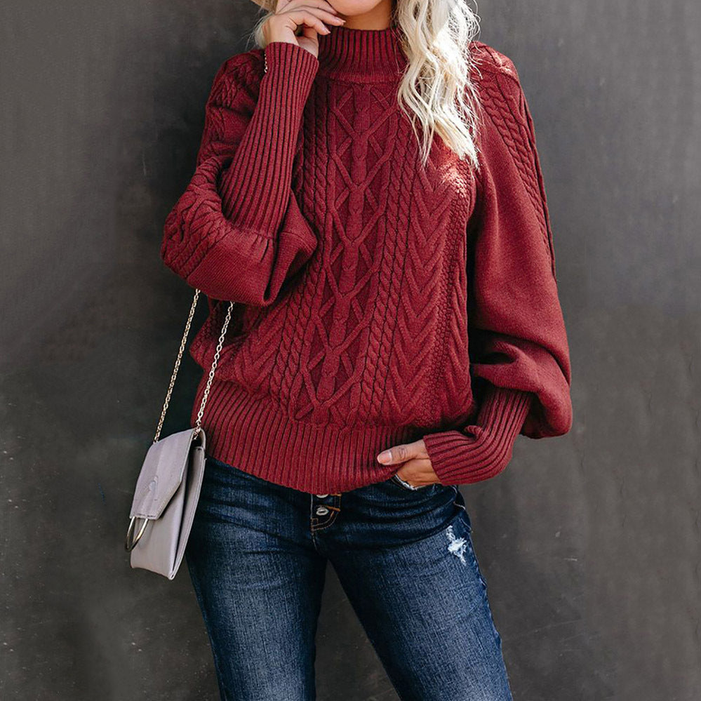 Damen nan Zopfmuster-Strickpullover mit Rollkragen und Ballonärmeln Drune