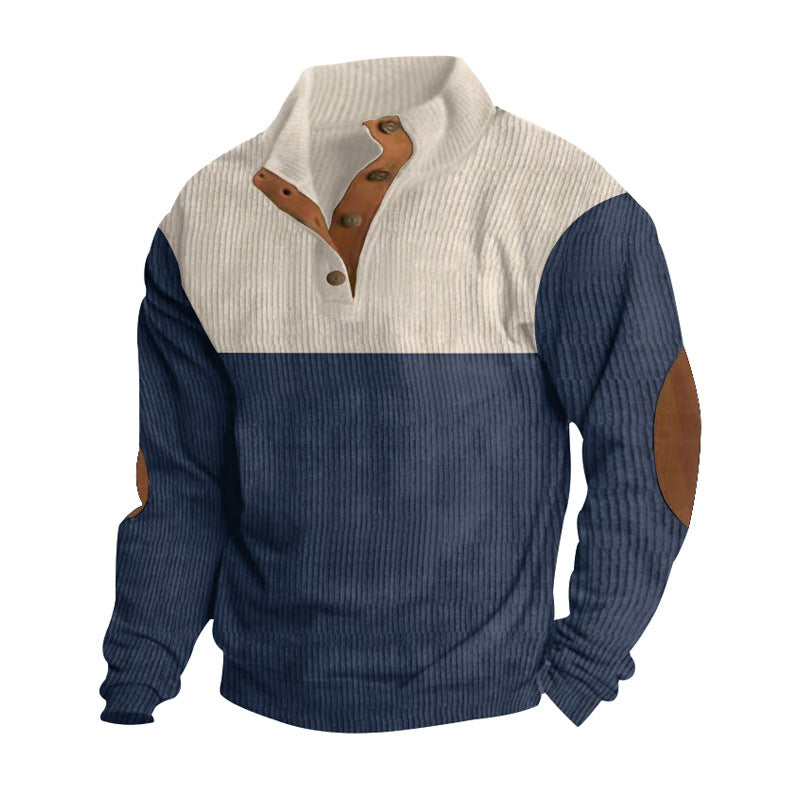 Herren nan gerippter Pullover mit Stehkragen, Knopfleiste und Ellbogen-Patches Drune