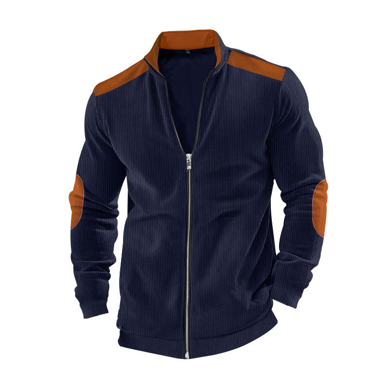 Herren nan Stehkragen-Sweatjacke mit feiner Rippstruktur, Ellbogen-Patches und kontrastierenden Schulterdetails Drune