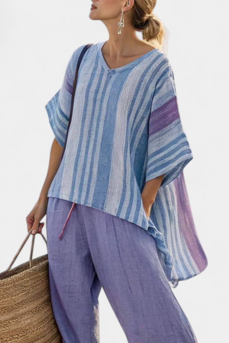 Carlotta – top elegante Lavendel und Himmelblau und Leinenhose