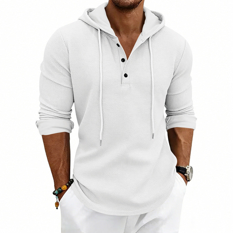 Herren nan lässiges Waffelstrick-Henley Kapuzenpullover mit Knopfleiste Drune