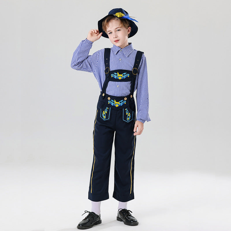 Herren nan bestickte Kindertracht Latzhose mit verstellbaren Hosenträgern und Kontrastnähten Drune