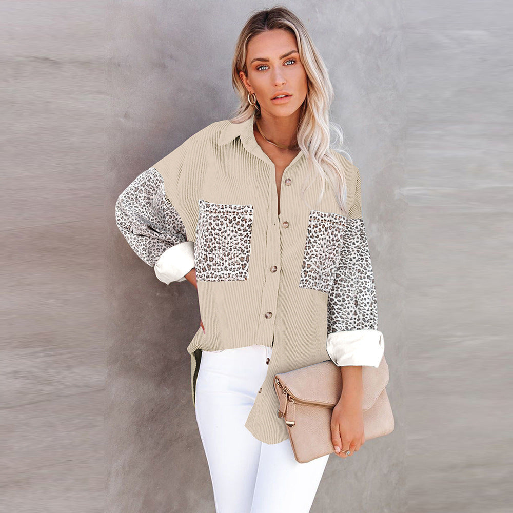 Damen nan oversized Hemdbluse mit Strukturstoff, Kontrastärmeln im Leo-Print und aufgesetzten Taschen Drune