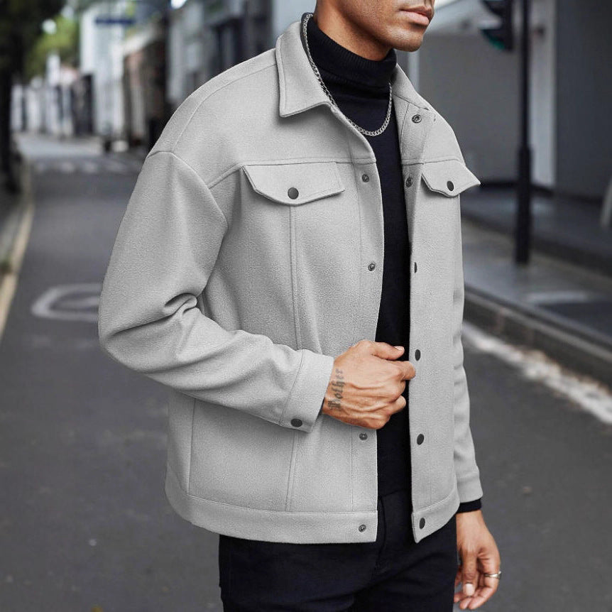 Herren nan Wolloptik-Overshirt Jacke im Shacket-Stil mit Brustklappen und Druckknopfleiste Drune