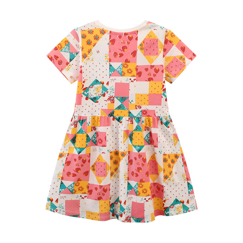 Mädchen Kurzarm Kleid mit fröhlichem Patchwork-Design Drune