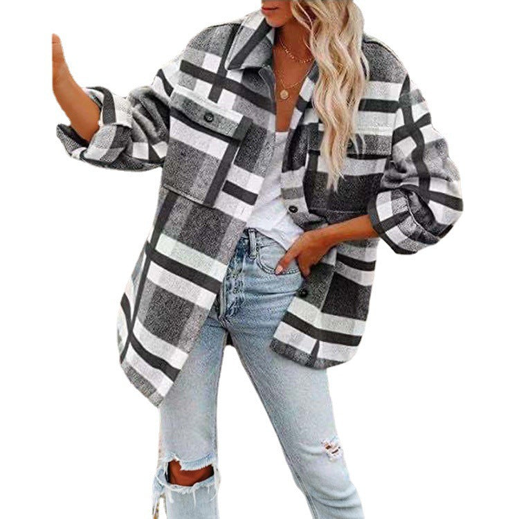 Damen nan karierte Overshirtjacke mit Brusttaschen und lockerer Passform Drune