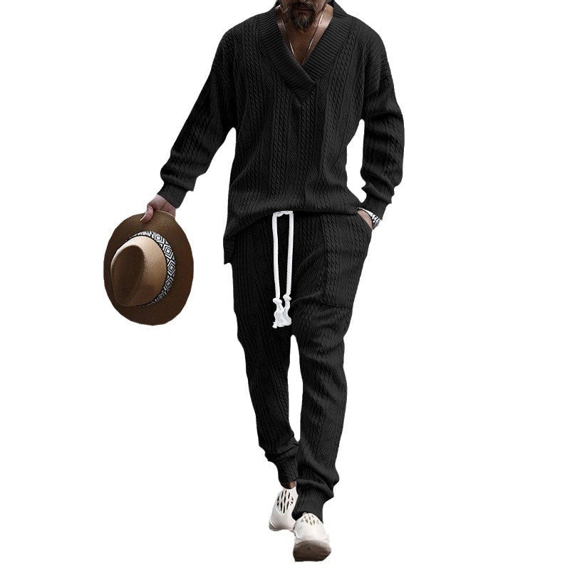 Herren nan gestricktes Lounge-Set mit V-Ausschnitt, Kabelstruktur und Kordelzug-Jogginghose Drune